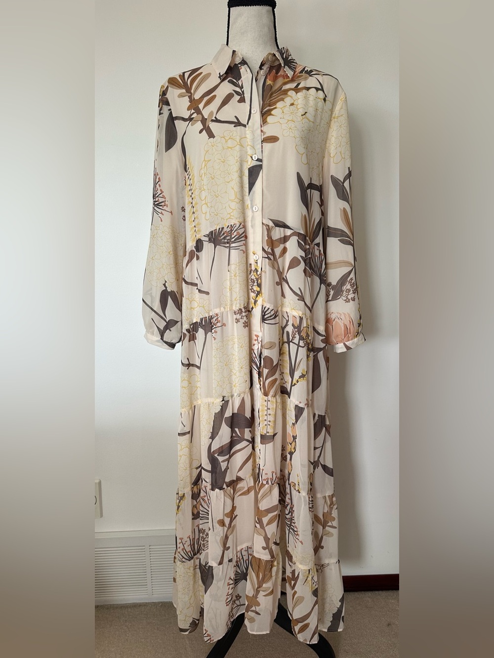Down east Floral Cottagecore Maxi Shirt Dress Boho Chic Tiered Long Sleeve M